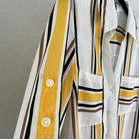 Express Womens Medium Roll Tab Sleeve Shirt Button Up Striped Pocket Blouse Top - Picture 6 of 8